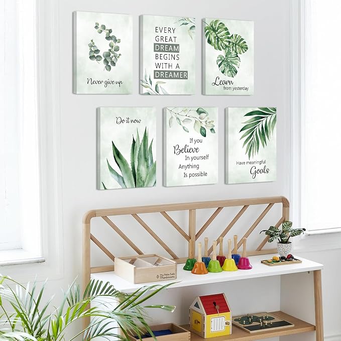 CHDITB Botanical Canvas Wall Art, Sage Green Plant Wall Decor, Inspirational Quotes Framed Poster, Watercolor Eucalyptus Artwork, Boho Mental Health Prints For Office Living Room Bedroom Decor 12”X16”X6