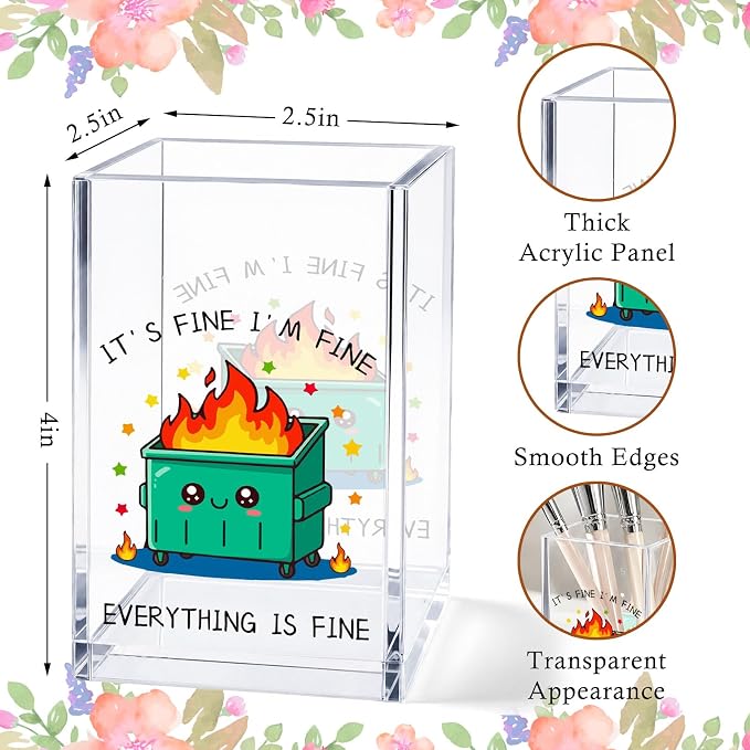 Green Dumpster Fire Acrylic Pen Holder Cup, Funny Office Desk Decor, Cute Pencil Holder Organizer, Desk Accessories, Coworker Gift for Women Men