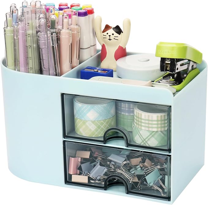 Meiikun Desk Organizer with Drawer, Pen Organizer for Desk, Small Pencil Holder, Desk Organizers and Accessories for Office Home Storage (2 Drawers+4 Compartments, Blue)