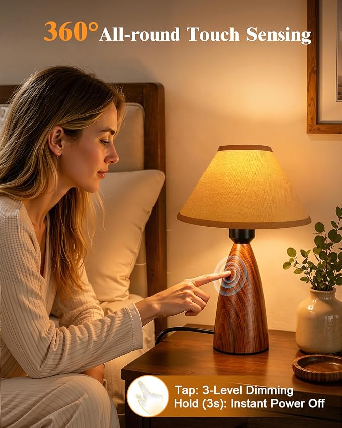 Nusogon Set of 2 Touch Table Lamps for Bedroom & Living Room, 3-Way Dimmable Bedside Lamps with Wood Grain Base & Fabric Shade, Farmhouse Nightstand Lamps for Nursery, Kids Room, LED Bulbs Included