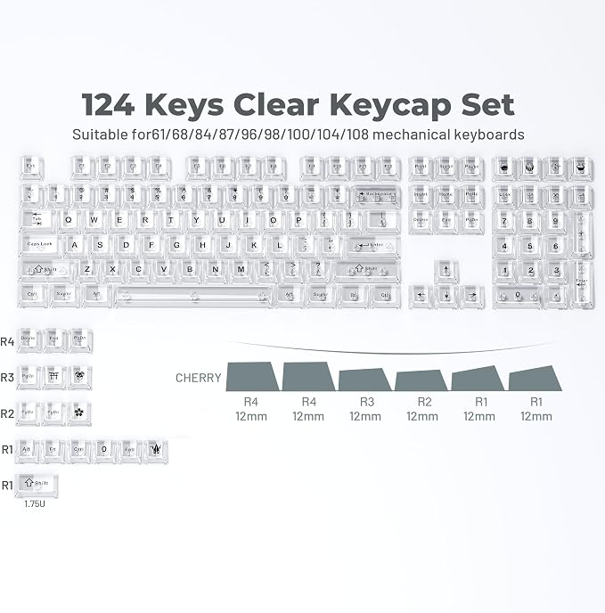HITIME XVX Clear keycaps, White Transparent Keycaps 60 65 75 100 Percent, Crystal Ceramic Custom Key Cap Set 124 Keys, Cherry Profile, Shine Through, Cute Style for Mechanical Keyboards