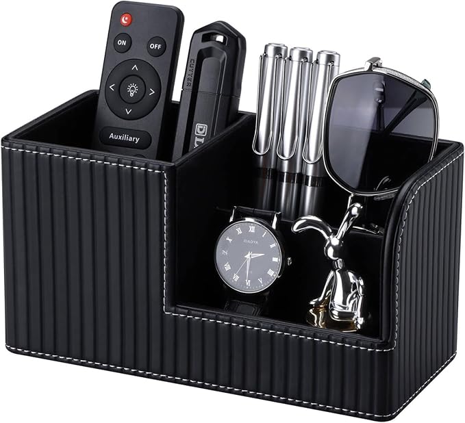 KINGFOM Desk Pen Organizer Office Supplies Caddy Pu Leather Multi-function Storage Box Pen/Pencil,Cell phone, Business Name Cards Remote Control Holder (Black)