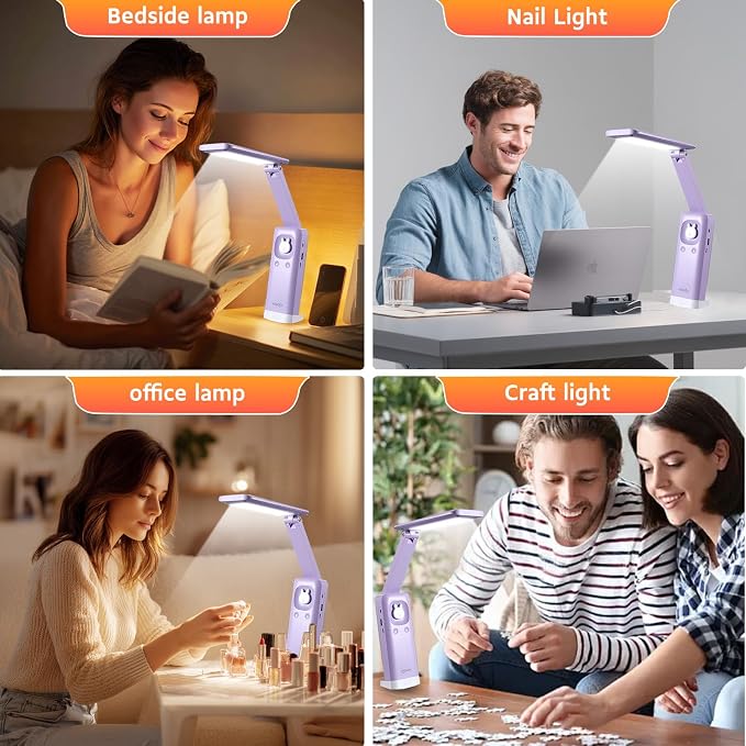 VAVOFO Cute Bunny Desk Lamp, Foldable LED Rechargeable Table Light, Eye-Caring Reading Lamp, 3 Color Modes & Dimmable, for Kids Girls Bedroom Study Dorm Room（Purple）