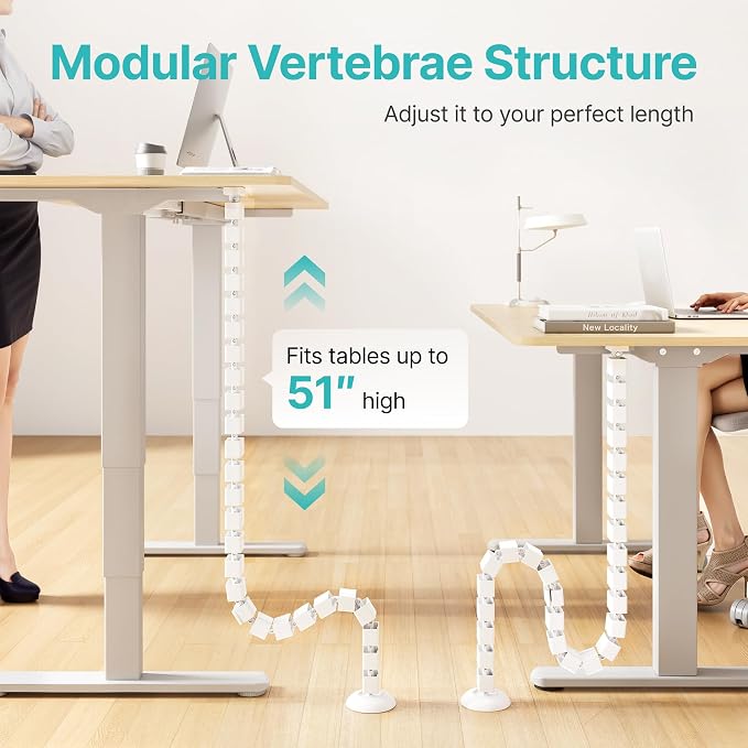 PEGZONE Under Desk Cable Management Spine – Flexible Cable Snake Organizer for Standing Desk, Tool-Free Magnetic Vertebrae Wire Management for 0.4"-2" Table, White