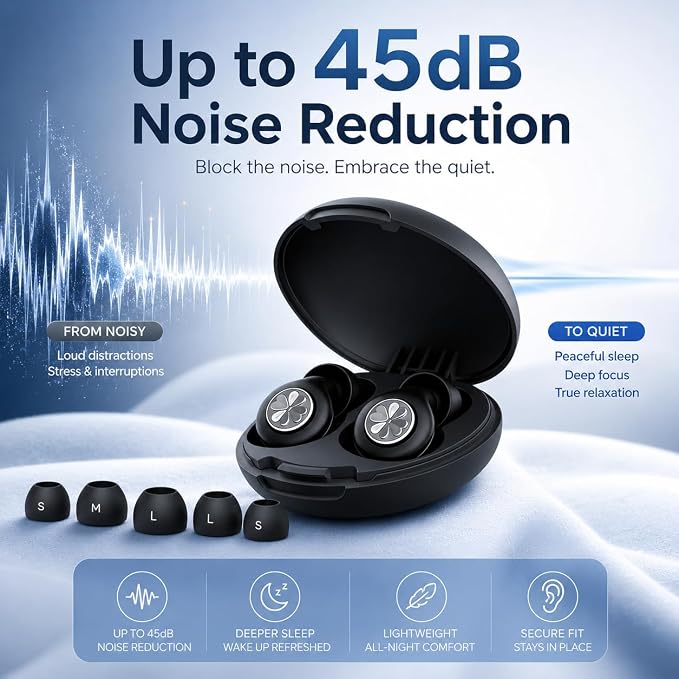 Ear Plugs Sleep Earplugs for Snoring & Noise Reduction, Soft Breathable Silicone Plugs with Metal Filter, Comfortable Reusable Ear Plugs for Adults (Black)