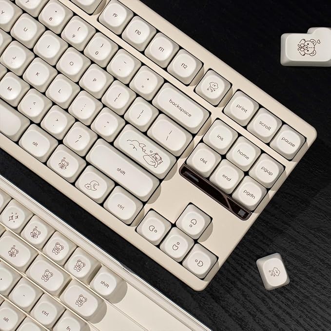 MOA Profile Cute Bear Keycaps, 124keys PBT Keycaps Set, Minimalist White Keyboard Key Caps, Custom Dye Sublimation Keycap for 61/64/68/84/87/100/104/108 Cherry MX Mechanical Keyboards(124 Keys)