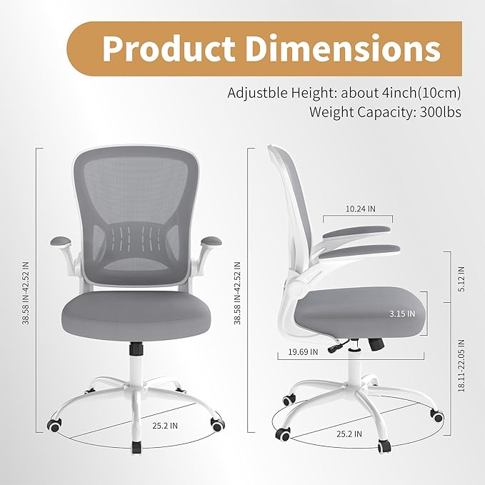 Youhauchair Adjustable Mesh Ergonomic Office Chair with Wheels, Grey | Flip-up Arms, Lumbar Support, Home Desk Chair, Height Adjustable, Breathable, Mid Back Swivel Compurter Chair, Set of 1