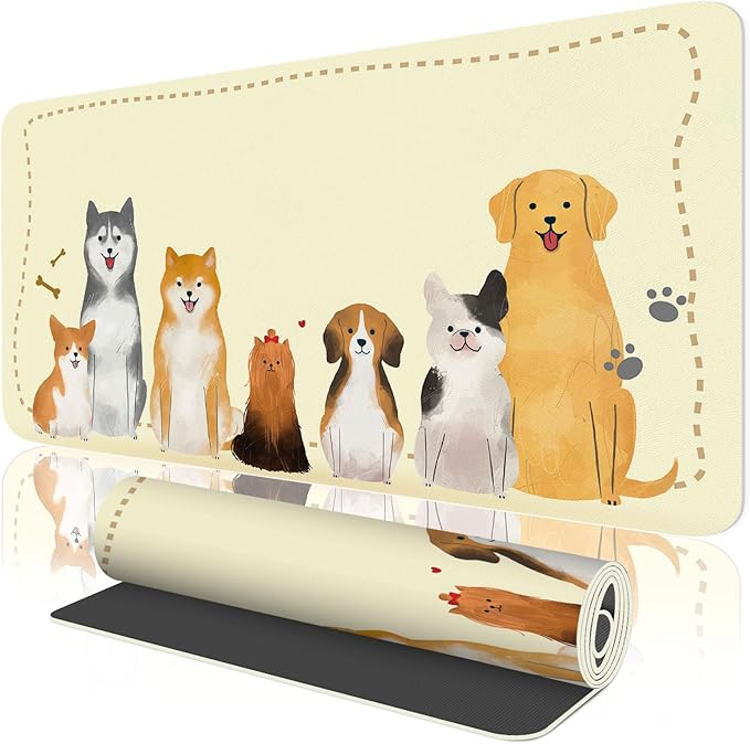 BLESWIN Cut Desk Mat 31.5" x 15.7", Waterproof Leather Desk Mat, Computer Mat for Keyboard or Mouse, Desk Mousepad Non-Slip Writing Pad Leather Blotter, Laptop Desk Pad (31.5" x 15.7", Puppies)