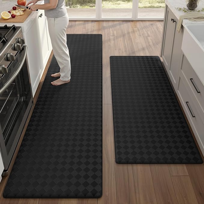 Color&Geometry Checkered Kitchen Mat 24x59+24x94 for Floor,Wide Set/2,Black | Waterproof&Oil Proof, Easy Clean Kitchen Rug For Large/Busy Homes, Anti Fatigue 0.4in Cushion For Long Standing, Non Slip