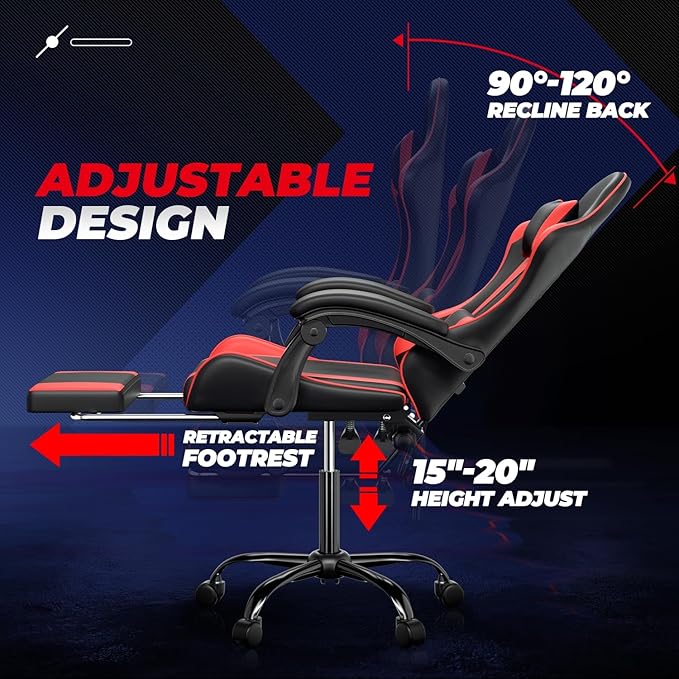Auto Dynasty Ergonomic Gaming Chair, High-Back Office Chair w/Adjustable Lumbar Support, Linkage Armrest, Headrest & Footrest, 350LBS Recliner Swivel Computer Game Racing Chair, Red/Black