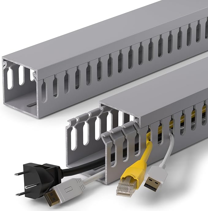 1.6"H x 1.6"W Cable Raceway, 99in Under Desk Wire Management Channel, Grey | Slotted Wire Duct, 6Pack, 16.5in Each, Heavy-Duty PVC Cable Management for Server Racks, Network Cables & Electrical Cabinets