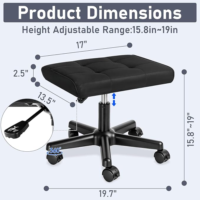 Footrest Under Desk Leg Rest Ottoman Adjustable Height Foot Stool with Wheels Leather Footrest