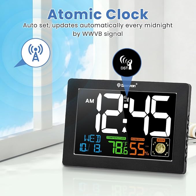 Geevon Atomic Clock 5.9" Color Display with Temp & Humidity | Digital Wall Clock Self-Setting,Moon Phase,Battery or DC Adapter Powered,Large Display for Bedroom Living Room Office