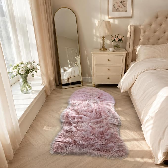 EasyJoy Faux Sheepskin Rug, Fluffy Faux Fur Rug, Ultra Soft Shag Area Rug with Non-Slip Backing for Bedroom, Living Room, Nursery, Kids Room(2 x 4 ft Sheepskin, Frosted Bottom Pink)