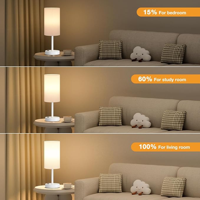 Fenmzee White Nightstand Bedroom Lamp - 3 Way Dimmable Bedside Lamp USB C A Charging Ports and AC Outlet, Small Table Lamp Linen Lampshade for Office Desk