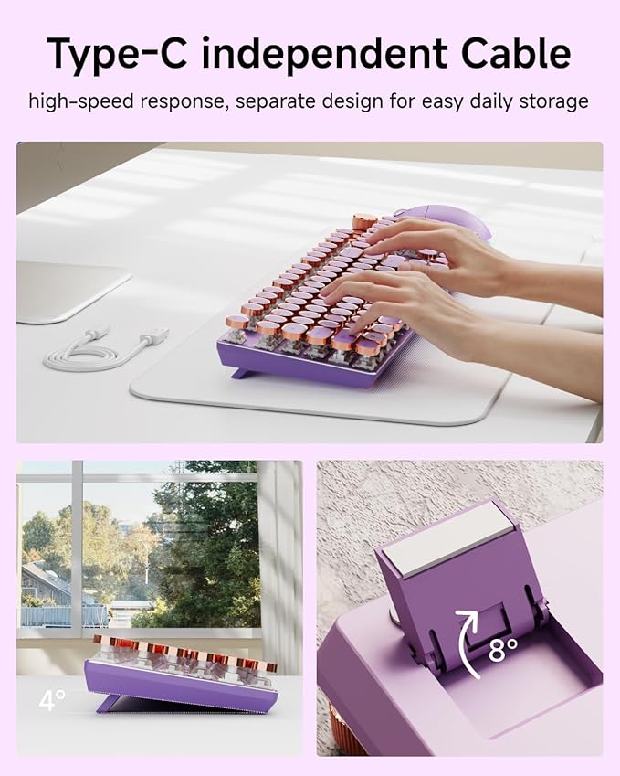 EWEADN Typewriter Style Mechanical Keyboard, Wired Typewriter Keyboards,104 Keys Backlit LED Metal Keyboards, Media Control Knob, Wired Computer Keyboard Pink Switch for Windows/Mac/PC-Purple