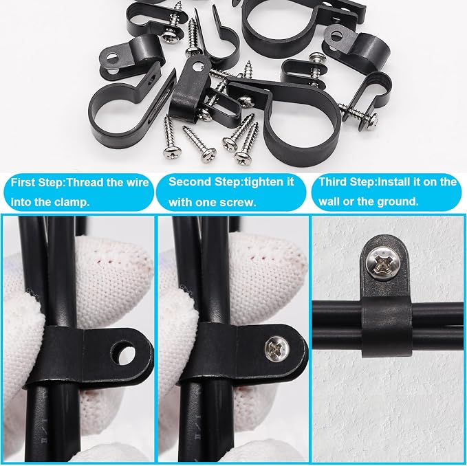 TWTADE 306PCS Black Cable Clamps Nylon Plastic R-Type 6 Sizes 3/16'' 1/4'' 3/8'' 1/2'' 3/4'' 1'' Cable Mounting Wire Clips Assortment Kit with Screws for Wire Management H-049