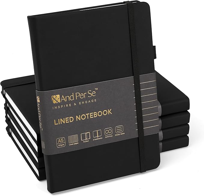 &And Per Se Lined Notebooks Bulk 5-Pack, A5 Hardcover Journal, 160 Pages 100gsm Thick Paper, Classroom Supplies for Students, Teachers, College Ruled Notebooks for School Office (Black)