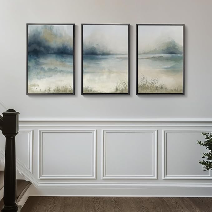 Framed Abstract Landscape Wall Art, 3 Piece Blue Watercolor Canvas Prints Paintings Artwork for Walls, Misty Lake Mountain Nature Pictures for Living Room Dining Room Bedroom Wall Decor 16x24 In