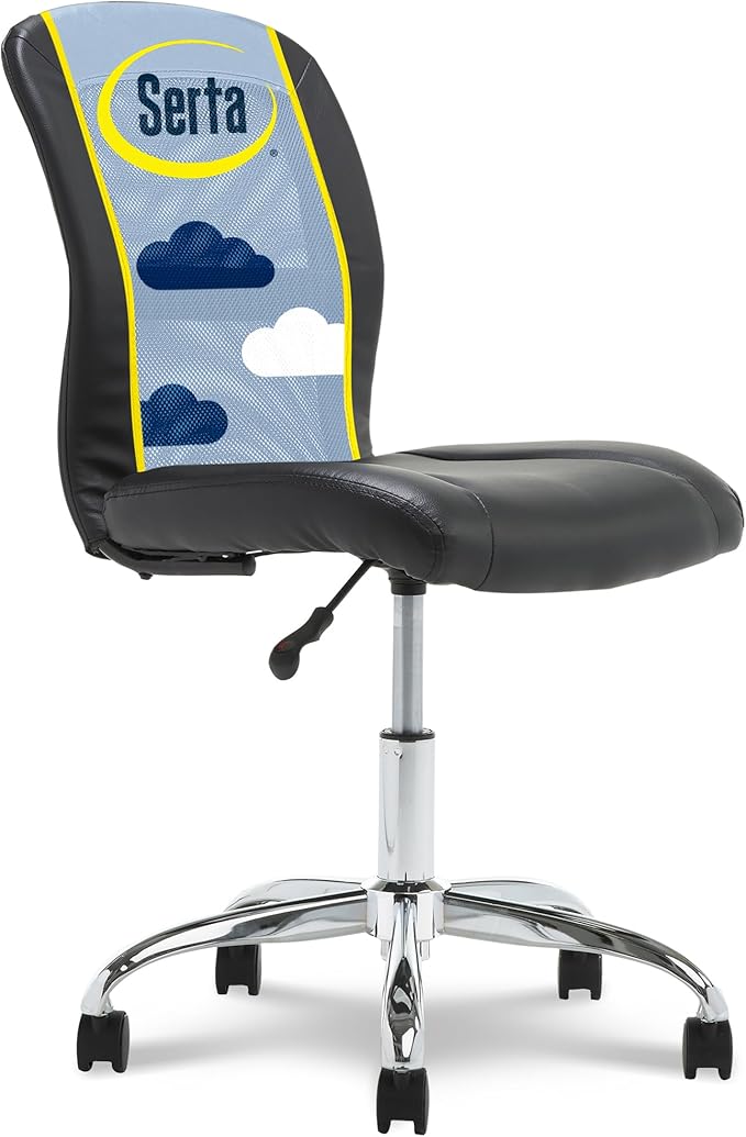 Serta Armless Small Home Desk Chair with Wheels, Ergonomic Mesh Back Chair | Leather & Foam Cushion Seat, Adjustable Height, Small Vanity Chair for Bedroom & Small Spaces, Home Office Desk Chair, Black