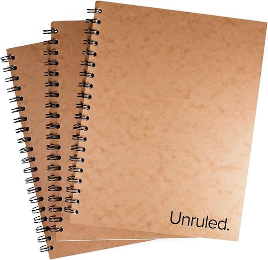 Unruled Classic Blank Spiral Notebook, 60lb Premium Plain Paper, 70 Sheets, Recycled and Sustainable, 10.5" x 8", 3 Pack, Black Foil/Wire