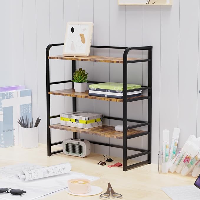 Office Desk Shelf Organizer, Wood Desktop Bookshelf Supplies Storage Rack, Shelf for Top of Desk and Dresser and Cubicle Decor Aesthetic Bookshelf (Black Brown, Three Tier, 11.81Lx7.87Wx22.05H)