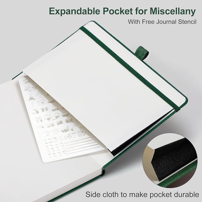 AHGXG Dotted Journal - 150 GSM Dot Grid Notebook Journal, Thick Acid-Free Paper, A5 Dotted Notebook 128 Pages, Leather Hardcover, Inner Pocket, Journal Stencil, 5.7'' × 8.3'', Dark Green