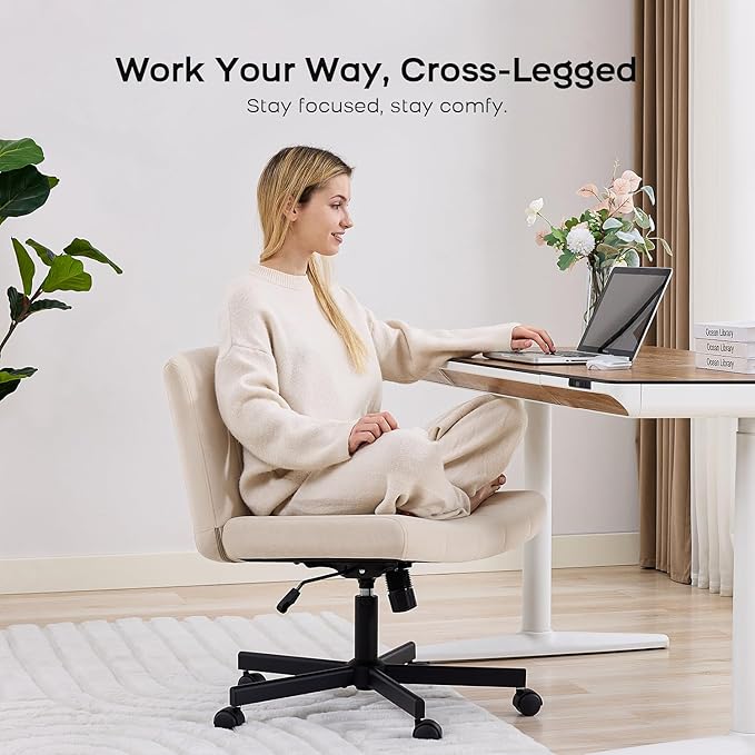 LukkDys Criss Cross Chair with Wheels, Wide Cross Legged Desk Chair, Comfy Fabric Vanity Chair for Home Office Bedroom, Adjustable Armless Swivel Task Chair with 90–115° Tilt, Beige