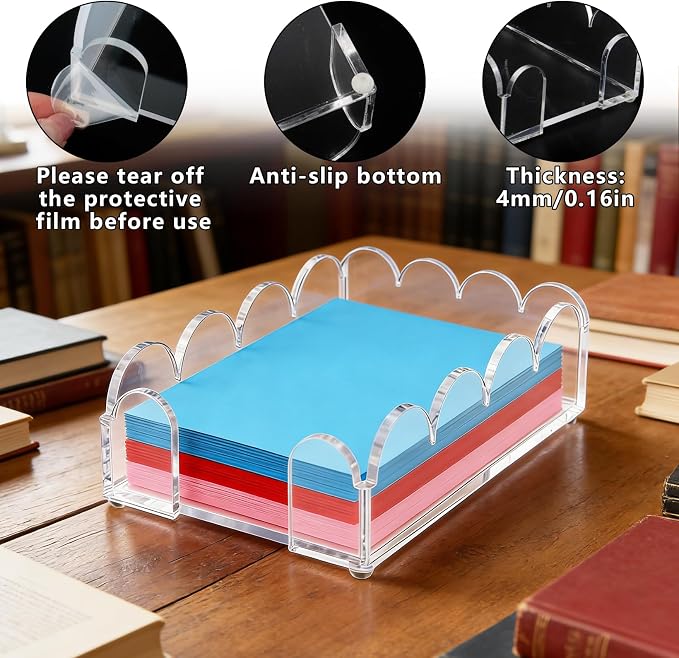 Acrylic Sticky Note Holder 4x6 Inch Clear Scalloped Sticky Notes Dispenser Cute Self-Stick Note Pad Organizer Desk Accessories for Office School Home