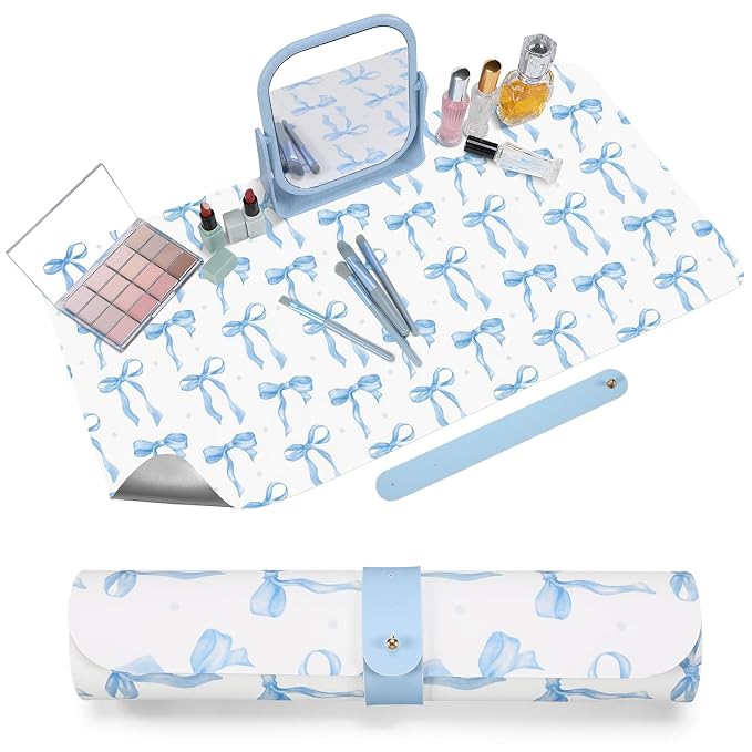 Teenyyou Coquette Bow Makeup Mat for Vanity Top Protector Back to School Gift 23.6" X11.8" Dual Side Leather Desk Mouse Pad Girly Waterproof Nonstick Dressing Vanity Cover for Women Home Office