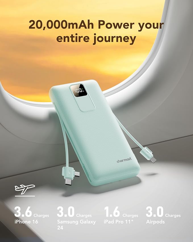 charmast Portable Charger with Built-in Wall Plug and Cables, 20000mAh Power Bank Travel Essentials, 20W Fast Charging Battery Pack Compatible with iPhone 17/16/15/14/13/12/11, Samsung, Android