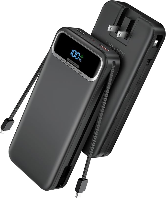 Nusyddy Portable Charger 20000mAh 22.5W w/Built-in Cables & Wall Plug Black | 22.5W Fast Charging, High Capacity, LED Display, Charge 5 Devices at once, TSA Approved, Compatible with iPhone/iPad/Samsung