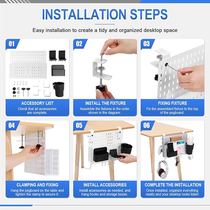 Desk Side Storage Organizer Set No Drill Under Desk Laptop Stand Organizer with Cup Pen Holder Headphone Hanger and Magnet Hook for Office Home Table Fits Edge 0.2" to 2.2"(Double,White)