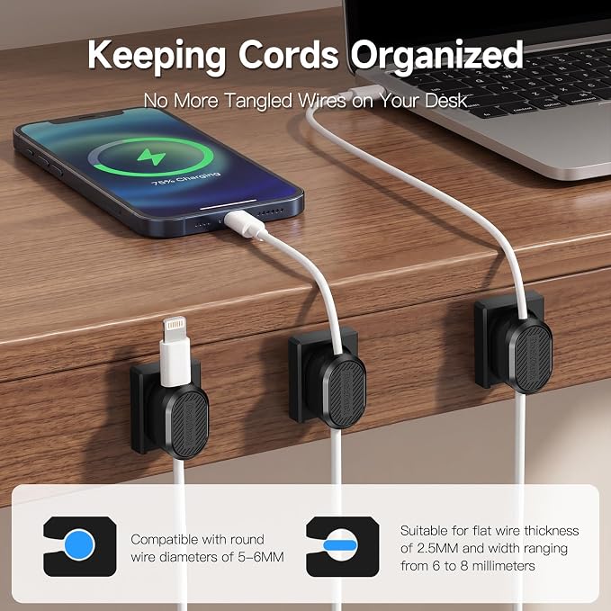 3-Pack Magnetic Cable Clips with Detachable Base, Auto Snap Cord Holder for Desk, Self-Adhesive Cable Organizer Compatible with Round and Flat Cables for Home Office Car