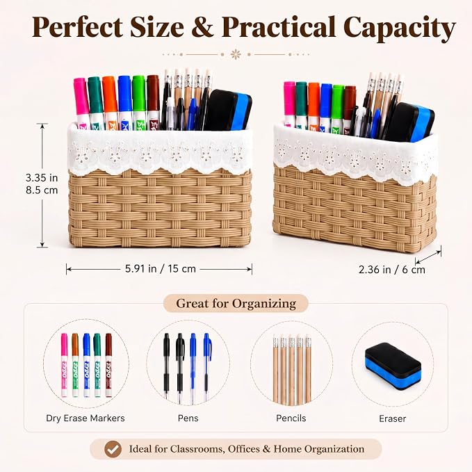 Colarr 3 Pcs Magnetic Rattan Pencil Holder Classroom Magnetic Desk Organizer, Woven Wicker Storage Containers Pen Holder for Refrigerator Whiteboard Home Office School Organizer Supply