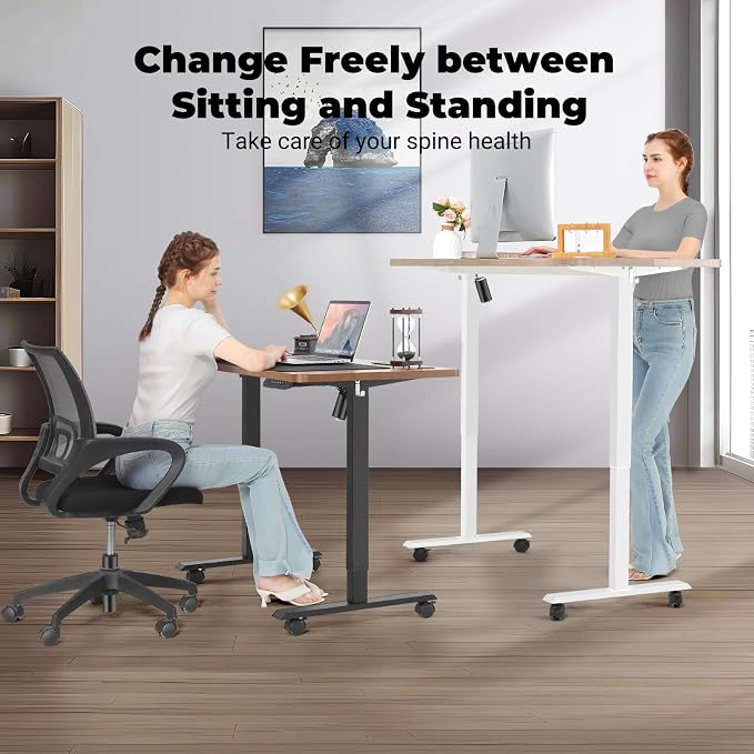 Electric Standing Desk 63 x 24 Inches Adjustable Height Ergonomic Sit Stand Up Curved Desk for Home Office Computer Desk Memory Preset with Wheels and White Frame/Oak Top