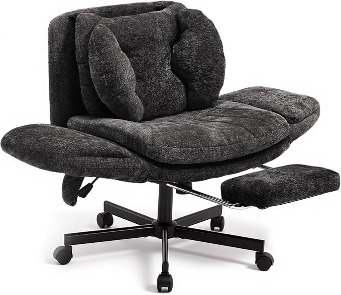 Criss Cross Office Chair with Footrest and 5-Gear Adjustable Arms, Black | Wide seat cross-legged desk chair, flip lumbar pillow, airbag support, chenille fabric, for home office vanity and meditation
