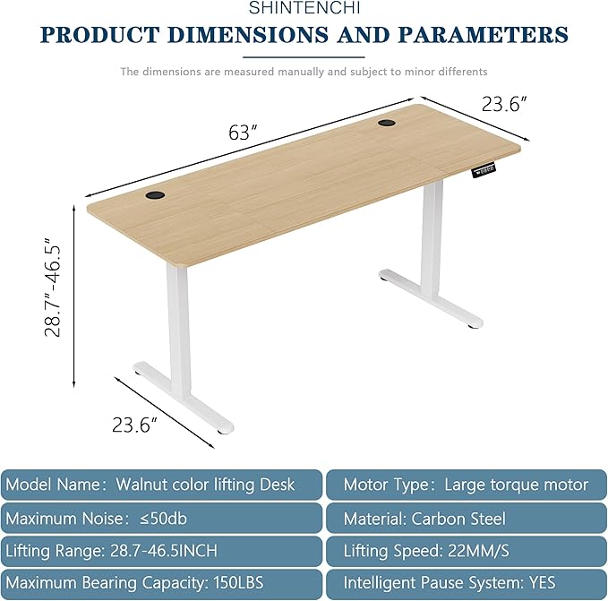 Shintenchi Standing Desk, 63x24 Inch Height Adjustable Electric Sit Stand up Desk, Ergonomic Rising Computer Table, Modern Lift Gaming Desk Workstation for Home Office, White