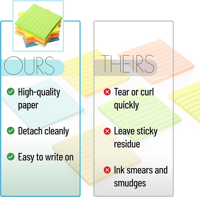 Mr. Pen- Lined Sticky Notes, 3" x 3", 6 Pads, 45 Sheets/Pad, Pastel Color | Sticky Notes with Lines, Ruled Post Stickies, Memo Pads, Self-Stick Note Pad for Office, School, Home, Study & Organization