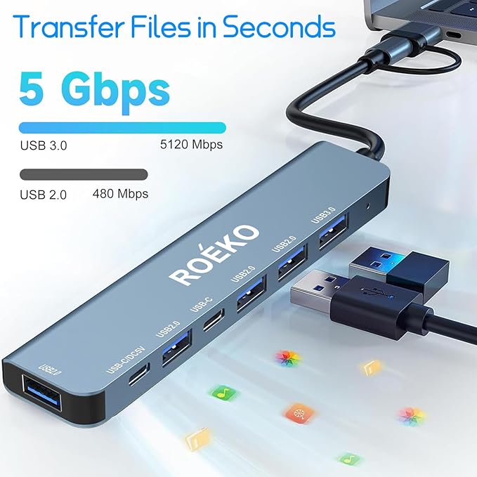USB Hub 3.0,USB c hub,USB hub with Multiport Adapter, USB Splitter with 1xUSB 3.0,4xUSB2.0,2 x USB C,Hub for MacBook Pro/PC/Laptop/Tablet Devices (Grey 7in1)