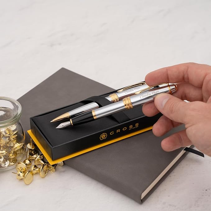Cross Bailey Medalist Engraved Ballpoint and Fountain Pen Set, Chrome with 23K Gold Trim, Personalized Gift for Executives, Retirement, Career Advancement, Graduation, Gift Box Included