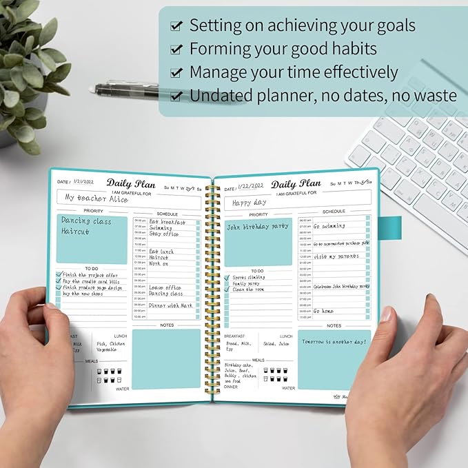 Daily Planner Undated, To Do List Notebook with Hourly Schedule Calendars Meal, Spiral Appointment Organizers Notebook for Man/Women, Pocket, Pen Loop, 160 Pages (5.5x8.5")