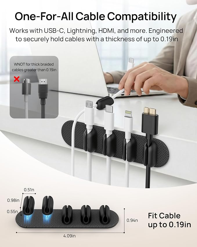 6 Pack Magnetic Cable Holder [2 in 1 Magnet & Adhesive] Cable Clips Silicone for Phone Charger, SODI Minimalist Cord Holder for Nightstand, Adhesive Cord Organizer for Desk, Car, Office (5-Black)