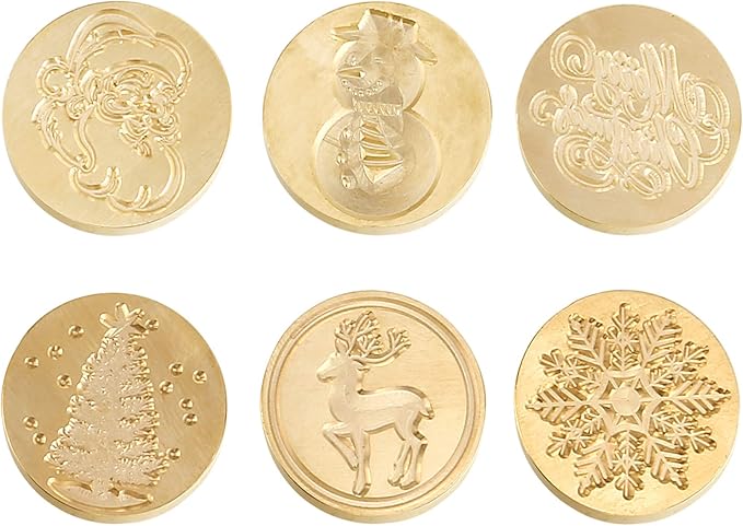 Yoption 6 Pcs Wax Seal Stamp Set, Christmas Sealing Wax Stamps Kit, Wooden Handle with Brass Head for Christmas Greeting Cards Gift