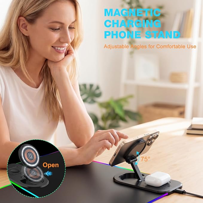 Gaming Mouse Pad Wireless Charging - Desk Mat Magnetic Foldable Phone Stand 15W Fast Charge, RGB Extended Large Keyboard Mousepad - PC Laptop Desk Pad for Work Game (Adapter Not Included)