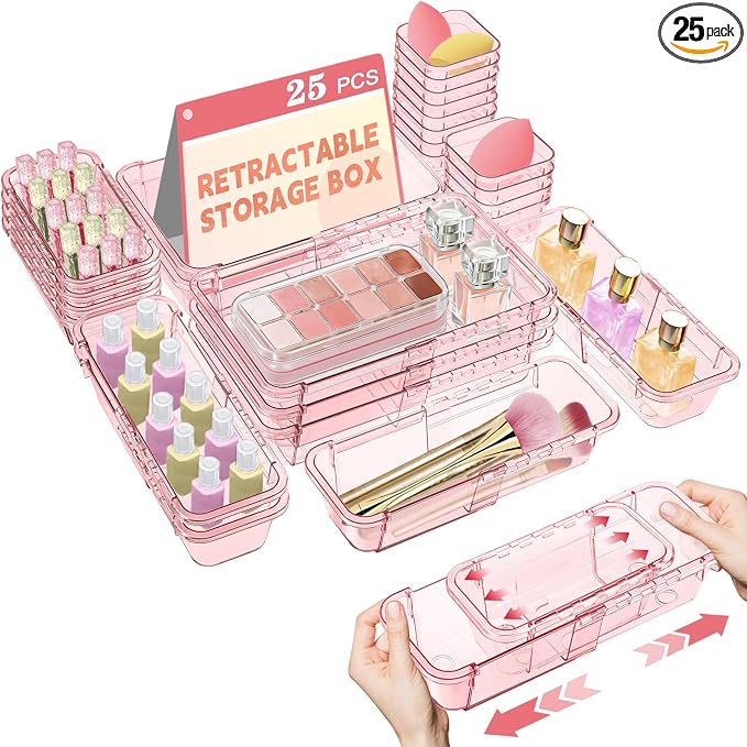 25 Pcs Clear Drawer Organizer, Adjustable Drawer Storage Box, 3-Size Desk Drawer Organizer, Acrylic Storage Bins for Makeup, Kitchen Utensils, Bedroom Dressers Tool Organizer for Gadgets, Pink