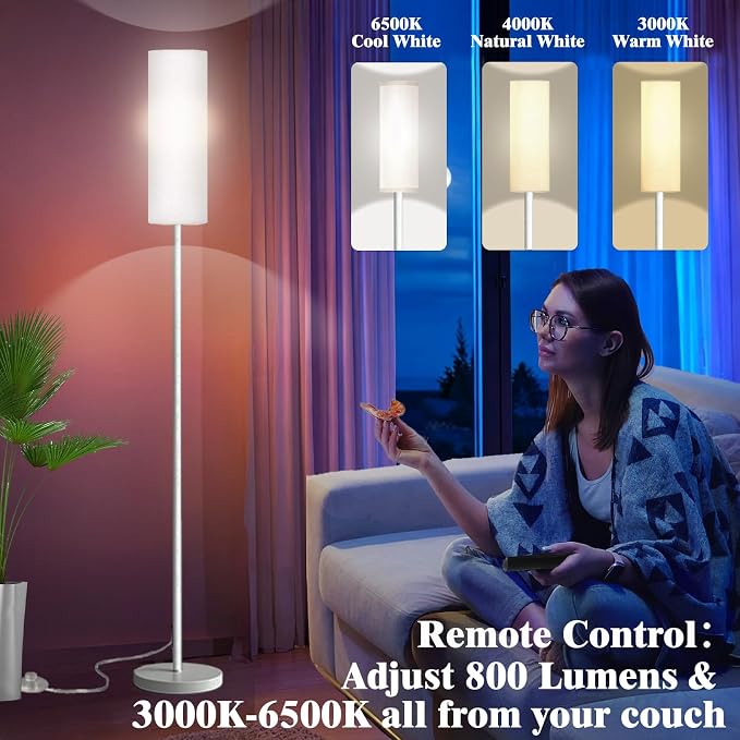 Qaubauyt Smart LED Floor Lamp with APP Control & RGB Colors - Dimmable Standing Lamp for Living Room, Bedroom, Gaming - Remote, Timer, 9W Bulb Included, 67" Modern Tall Lamp (White)