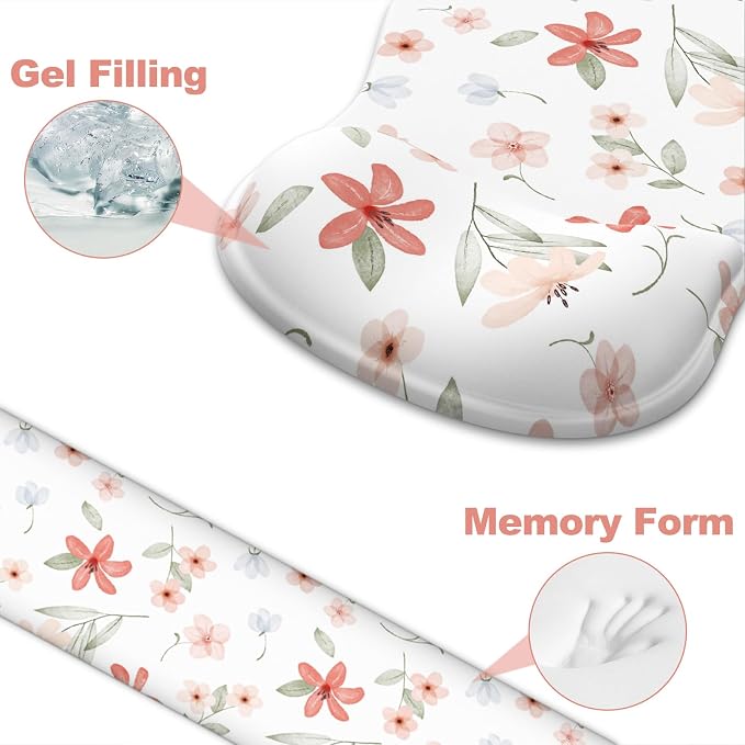 Ergonomic Mouse Pad with Wrist Rest and Keyboard Wrist Rest, Gel Mousepad and Wrist Rest for Computer Keyboard, Pain Relief, Non-Slip PU Base, Mouse Pad with Wrist Support for Gaming, Orange Flowers