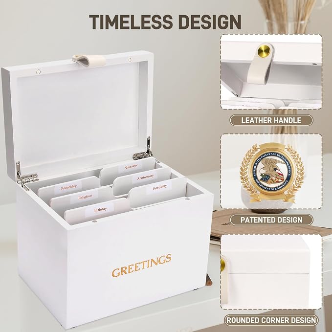Large Bamboo Greeting Card Organizer Box with 6 Removable Dividers, Real Leather Handle, 100% Handmade Solid Bamboo, Storage Box for Christmas, Valentine, & Birthday Cards, Postcards, Stationery& More