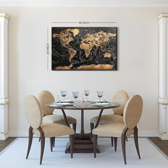 AREBOLO Modern Men Office Wall Art World Map Wall Decor Black and Gold Map of the World Picture Canvas Prints Poster for Living Room Home Decorations 24x36”, Retro Abstract Nautical Painting Artwork